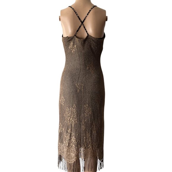 Betsey Johnson Evening Gold Metallic Floral Size M Fringe Dress - Picture 3 of 10